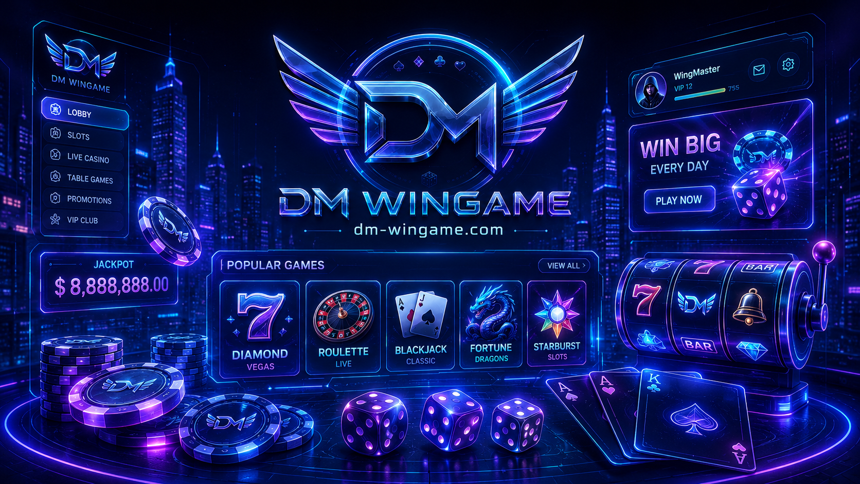 DM Wingame casino lobby with slots, roulette, cards and jackpot panels