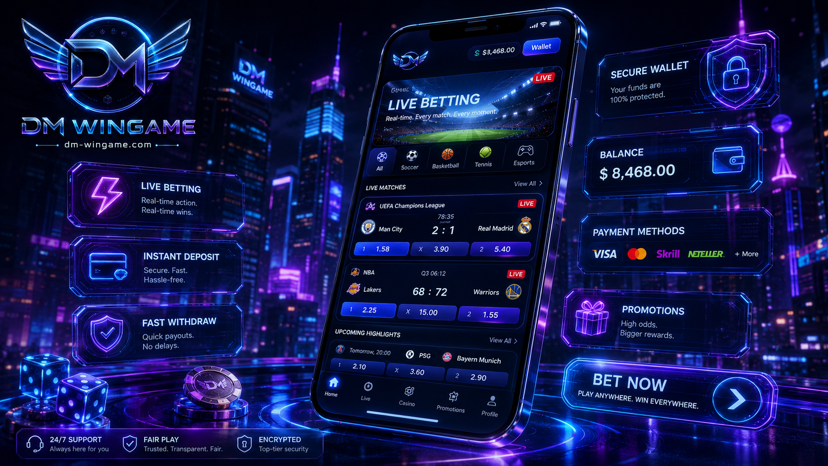 DM Wingame mobile live betting interface with wallet and payment panels