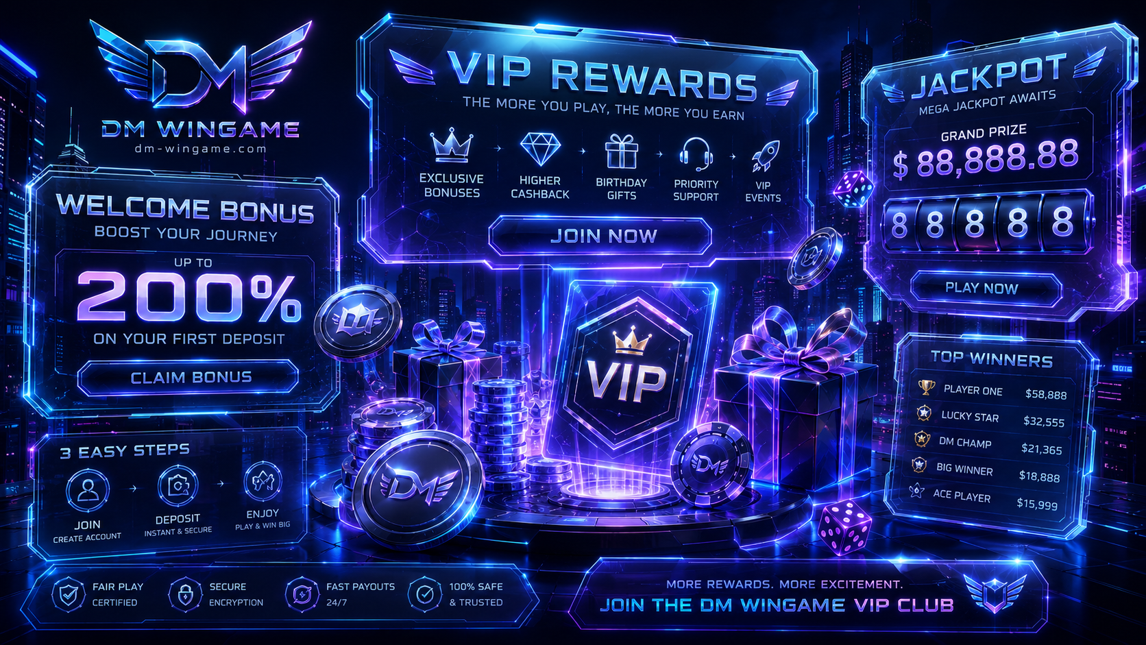 DM Wingame VIP rewards bonus and jackpot neon scene
